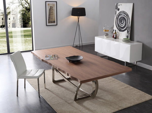 VIG Furniture Addy Live-Edge Walnut Veneer Dining Table With Sculptural Stainless Steel Base, Seats 8, Durable Finish VGVCT1301S-24