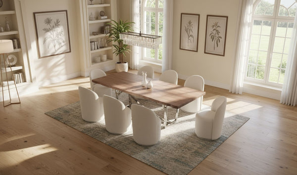 VIG Furniture Addy Live-Edge Walnut Veneer Dining Table With Sculptural Stainless Steel Base, Seats 8, Durable Finish VGVCT1301S-24