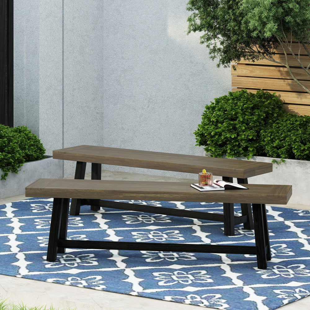 English Elm Acacia Slatted Outdoor Dining Bench Set of Two Solid Hardwood Patio Seating 63086.00GRY