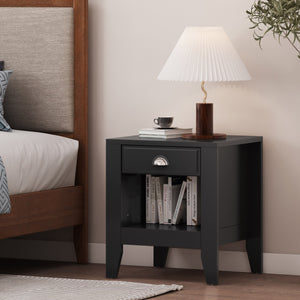 English Elm Christopher Knight Home® - Modern Nightstand with Drawer and Open Cubby, Faux Wood Mid Century Bedside Table, 2-Tier Storage Nightstand for Bedrooms, 21"W x 24.4"H Black 70949.00BLK