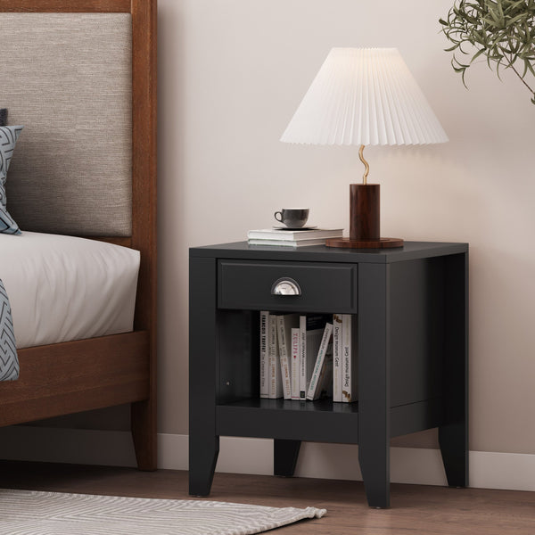 English Elm Christopher Knight Home® - Modern Nightstand with Drawer and Open Cubby, Faux Wood Mid Century Bedside Table, 2-Tier Storage Nightstand for Bedrooms, 21"W x 24.4"H Black 70949.00BLK