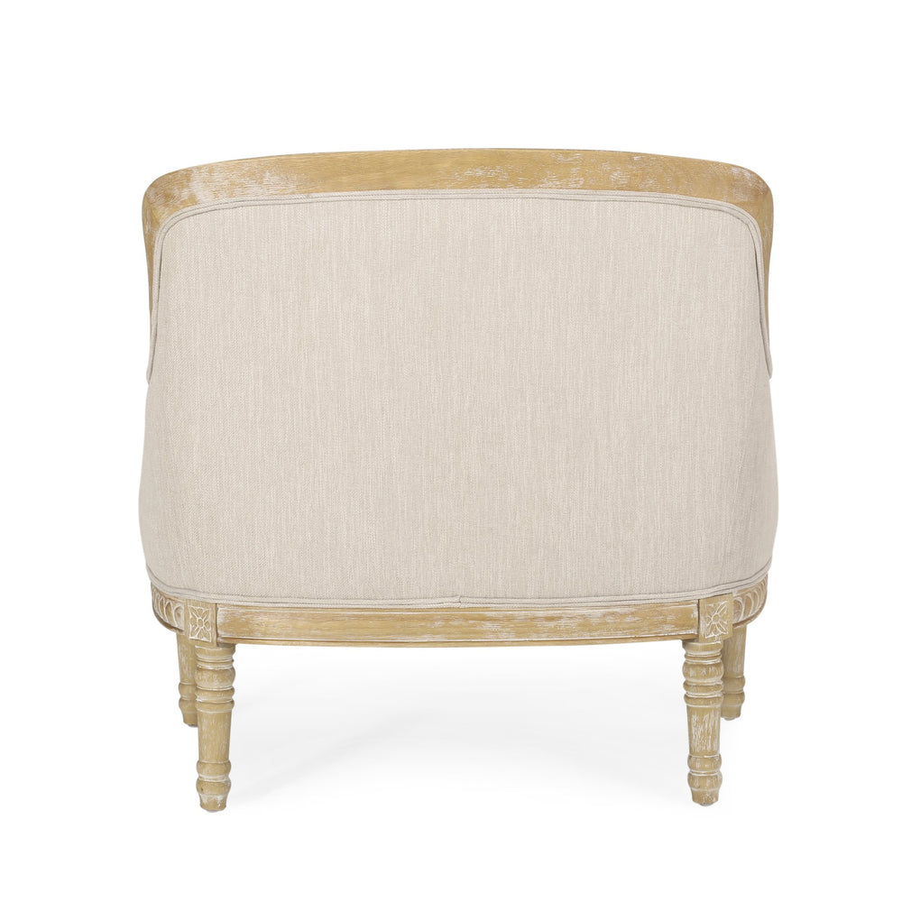 English Elm Christopher Knight Home® - CLUB Chair with French Country Carved Accents, Upholstered Comfort, Weathered Rubberwood Frame -Elegant beige brown 71064.00BGE