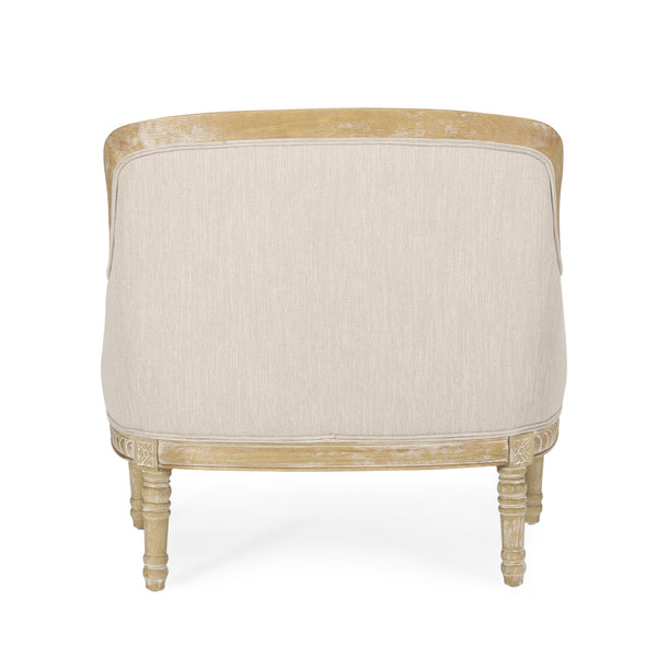 English Elm Christopher Knight Home® - CLUB Chair with French Country Carved Accents, Upholstered Comfort, Weathered Rubberwood Frame -Elegant beige brown 71064.00BGE