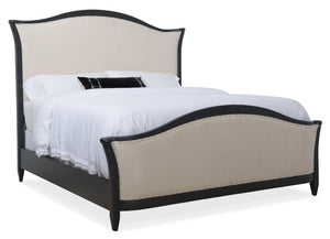 Hooker Furniture Ciao Romantic Upholstered Queen Bed With Tuscan White Fabric, Hand-Chiseled Black Frame & Nailhead Trim 93.00 L x 85.50W x 73.25H 5805-90866-99