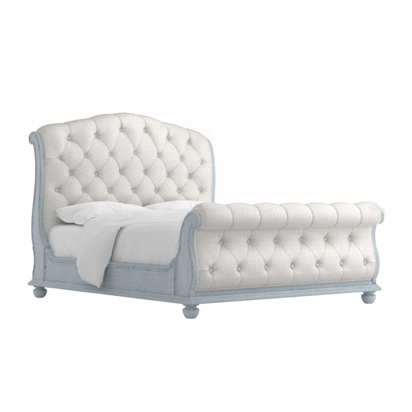 A.R.T. Furniture Summer Upholstered Bed In Distressed Shutter Blue With Plush Button Tufting And Rustic Charm White, Blue Flakey Cathedral Oak Veneer,Parawood Solids 251126-1361