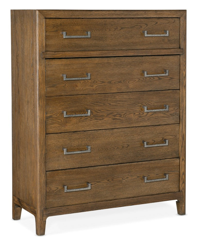 Hooker Furniture Chapman Five-Drawer Chest With Sorrel White Oak Veneer, Cedar-Lined Drawer, Felt Liner & Hammered Pewter Accents 6033-90010-85