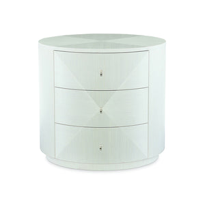 Bernhardt Bernhardt Axiom Round Chairside Table With 3-Drawer 3D Pyramid Faces Linear White Finish, Glamorous Storage 381127