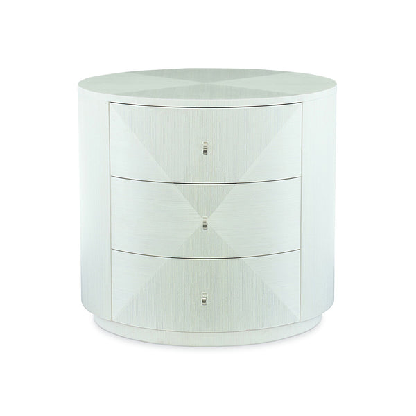 Bernhardt Bernhardt Axiom Round Chairside Table With 3-Drawer 3D Pyramid Faces Linear White Finish, Glamorous Storage 381127