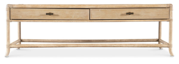 Hooker Furniture Retreat Pole Rattan Cocktail Table With Rope-Wrapped Joints, Dune Oak Veneer, Drawers, Floating Design Light Brown 6950-80210-80