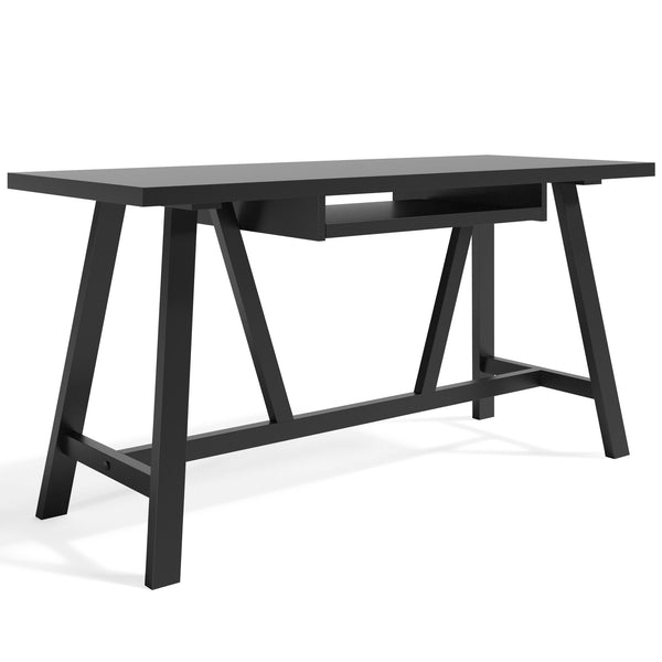 English Elm Dylan Solid Wood Desk with Driftwood Wire-Brushed Finish, Trestle Support, Keyboard Tray, 60" Surface Black B136P158589