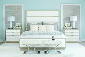 Bernhardt Bernhardt Axiom King Panel Bed - High Headboard With Inset Upholstery, Linear Gray Veneer Finish K1087
