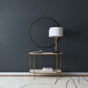 Hooker Furniture Commerce Travertine Console Table With Luxe Metal Frame, Sculpted Shelf For Entryway Storage And Style Gold 7228-80012-00