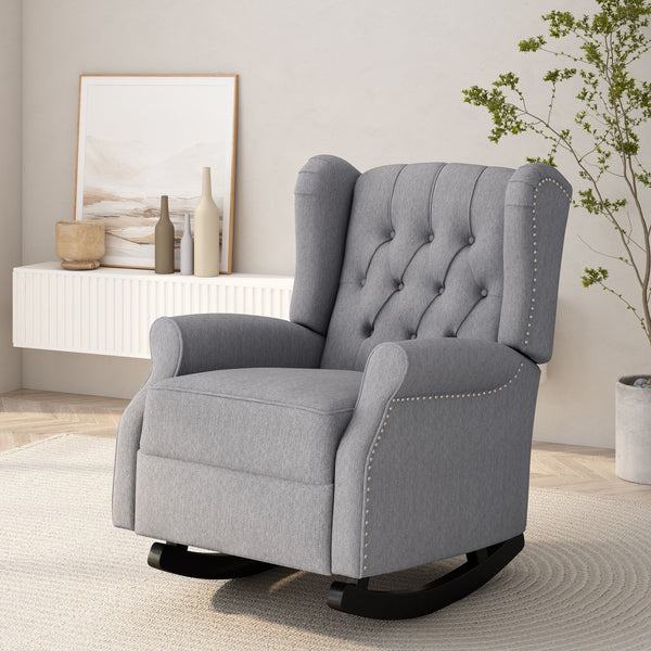 English Elm Christopher Knight Home® - ROCKING Chair Grey Fabric Wingback with Button-Tufted Diamond Stitch, Birch Rockers for Cozy Relaxation 72153.00GRY