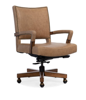 Hooker Furniture Chace Executive Swivel Tilt Chair With Top-Grain Aniline Leather, Wood Arms, Brass Nailhead Trim Light Brown EC422-088