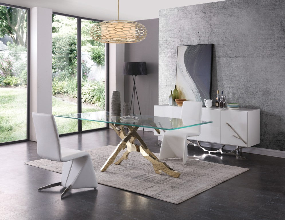 VIG Furniture Legend Sculptural Glass Dining Table With Gold Stainless Steel Branch Base, Seats 6, 87" W VGVCT8111-GLD