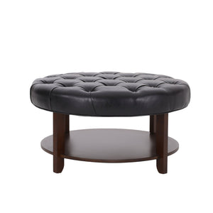 English Elm Round Tufted Pu Leather Ottoman with Open Shelf Storage for Living Room Black 71589.00