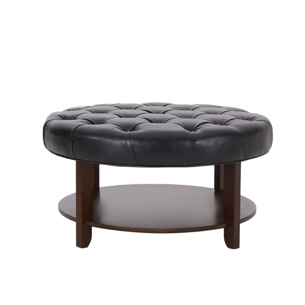 English Elm Round Tufted Pu Leather Ottoman with Open Shelf Storage for Living Room Black 71589.00