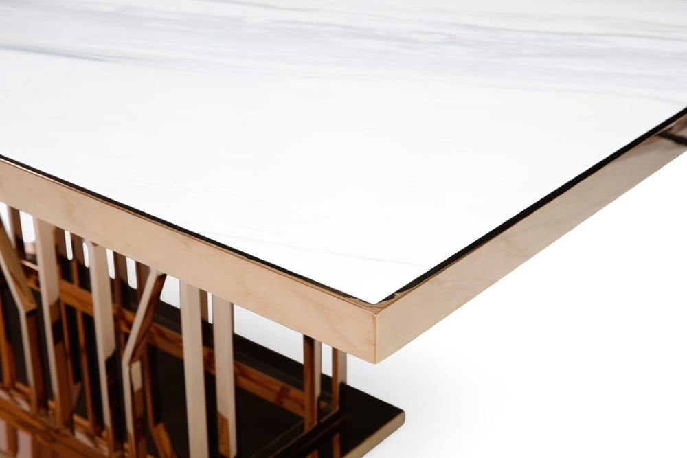 VIG Furniture Marston White Marble Dining Table With Sculptural Rosegold Stainless Steel Base, Seats 4–6 Elegantly VGVCT8919-M