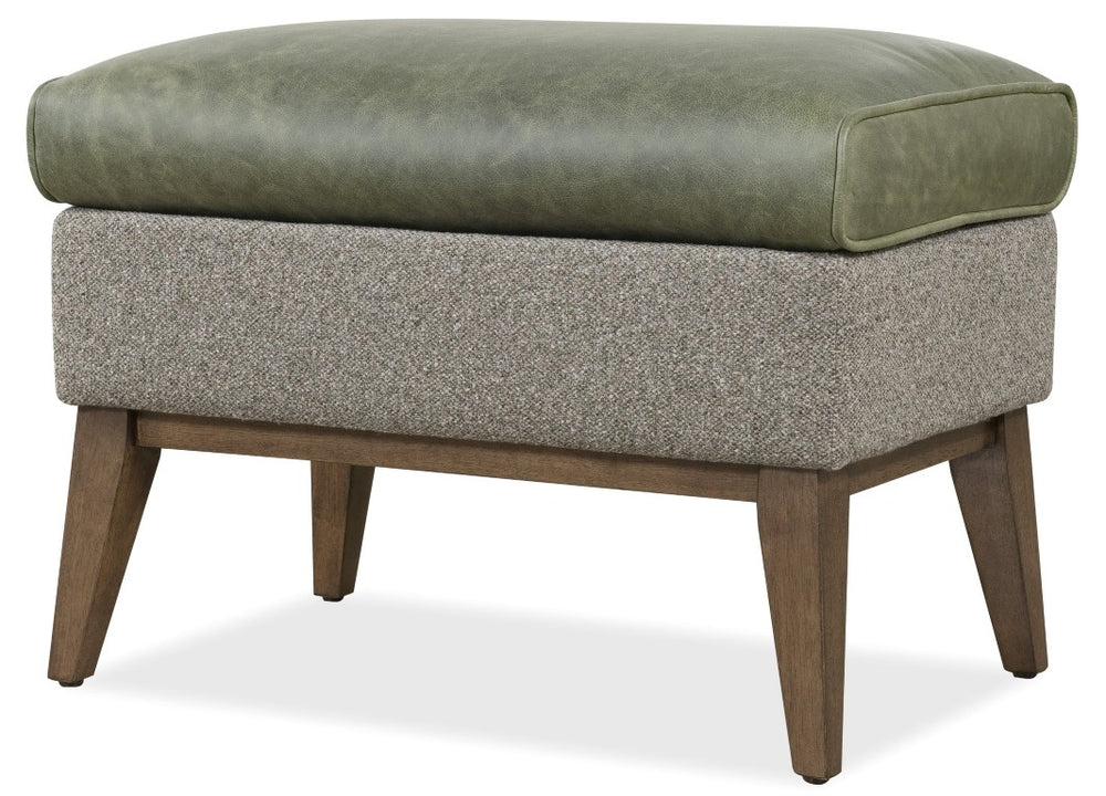 Hooker Furniture Camille Upholstered Ottoman In Siena Moss Leather & Potenza Graphite Fabric, Dark Tapered Legs, Versatile Seating CC237-OT-026