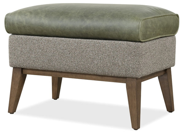 Hooker Furniture Camille Upholstered Ottoman In Siena Moss Leather & Potenza Graphite Fabric, Dark Tapered Legs, Versatile Seating CC237-OT-026