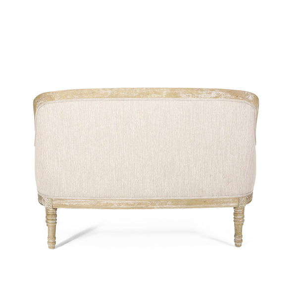 English Elm Loveseat French Country Style Turned Legs Padded Upholstery Compact Sitting Room Sofa 71063.00BGE