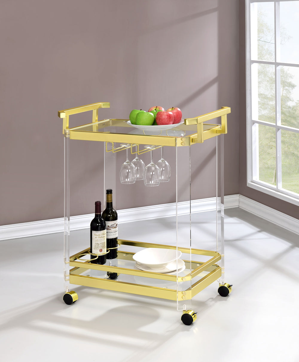English Elm Steve Silver - Aerin Gold Server Cart With Casters — Acrylic & Tempered Glass, Bottle Rack, Stemware Hanger, Moves Easily B081P157696