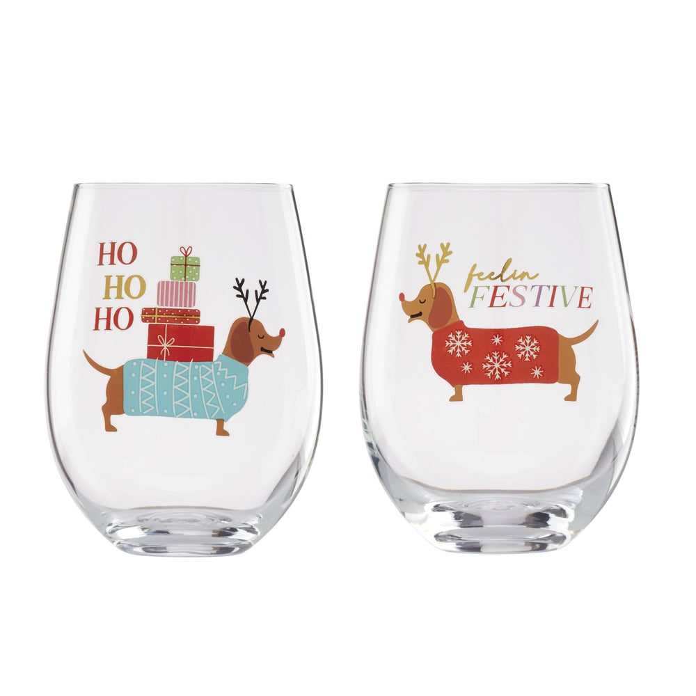 Lenox Cambridge Feeling Festive Dog Stemless Wine Glasses, Set of 2 MULTI GLASS,CRYSTAL 896289