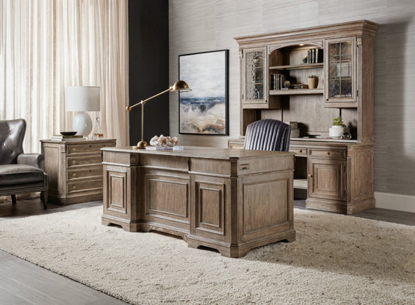 Hooker Furniture Sutter Executive Desk In Claro Distressed Oak With Champagne Hardware, 7-Drawer Storage & Slides 34.00 L x 72.00W x 31.00H 5981-10563-80