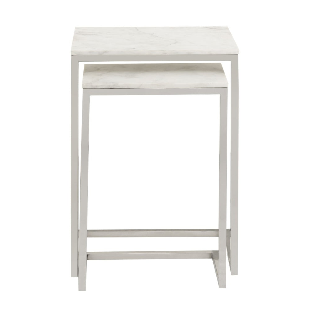 Atlas Affiliate Modern C-Shaped Accent Table Set of 2 - Elegant White Marble & Polished Nickel Design TA11001-01S