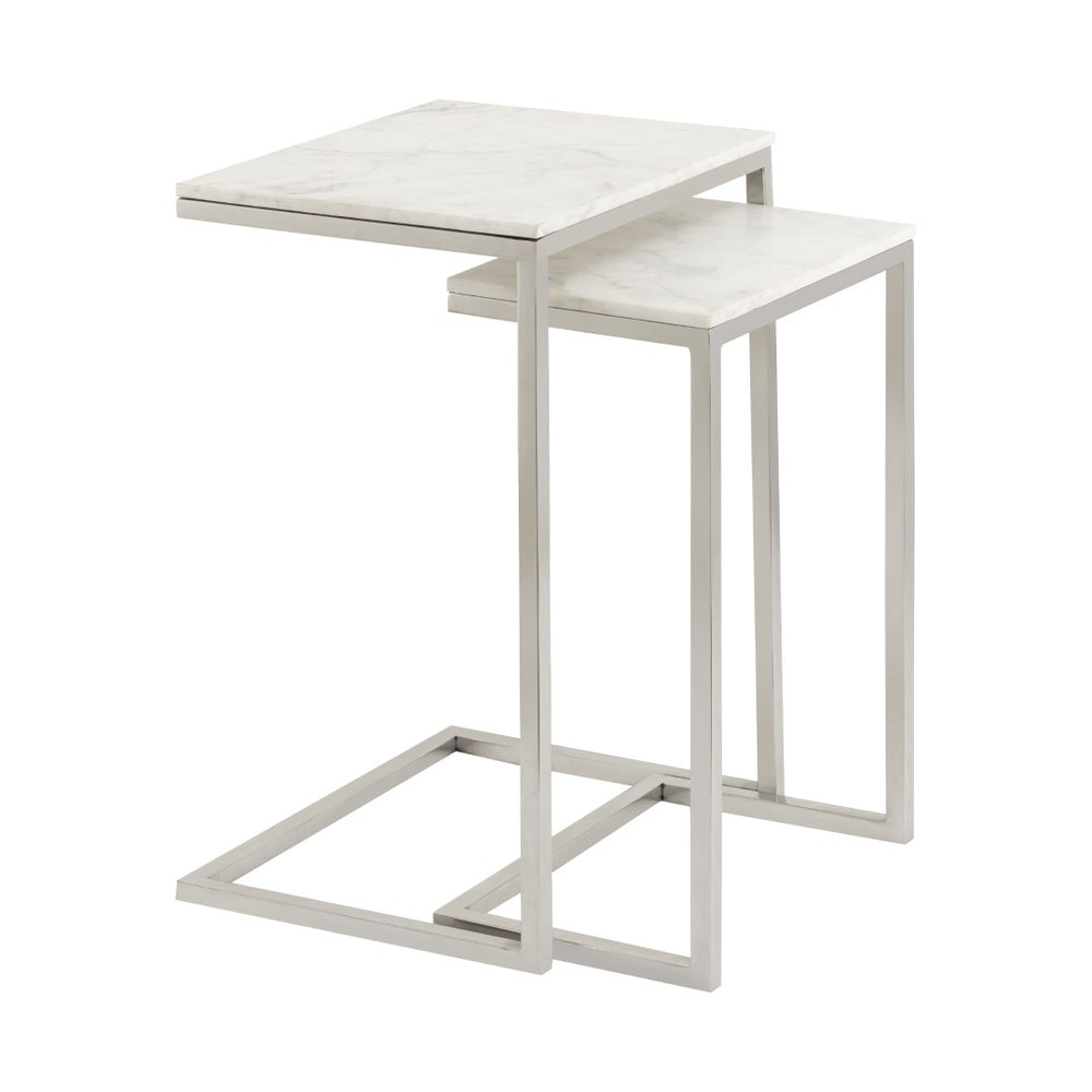 Atlas Affiliate Modern C-Shaped Accent Table Set of 2 - Elegant White Marble & Polished Nickel Design TA11001-01S
