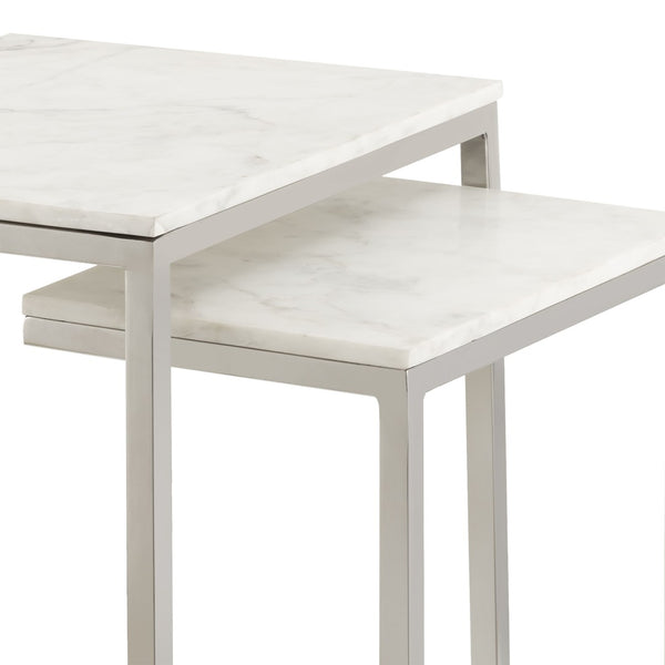 Atlas Affiliate Modern C-Shaped Accent Table Set of 2 - Elegant White Marble & Polished Nickel Design TA11001-01S