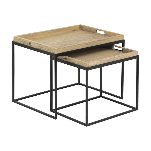 Atlas Akin Nesting Accent Tables Set of 2 - Modern Black Metal Frames with Removable Wood Tray Tops TA11002-01S
