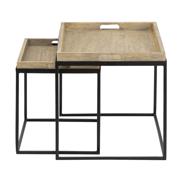 Atlas Akin Nesting Accent Tables Set of 2 - Modern Black Metal Frames with Removable Wood Tray Tops TA11002-01S