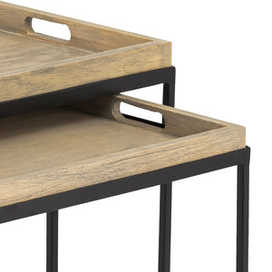 Atlas Akin Nesting Accent Tables Set of 2 - Modern Black Metal Frames with Removable Wood Tray Tops TA11002-01S