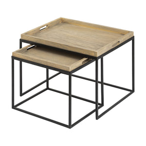 Atlas Akin Nesting Accent Tables Set of 2 - Modern Black Metal Frames with Removable Wood Tray Tops TA11002-01S
