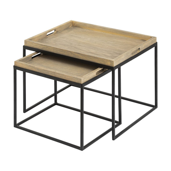 Atlas Akin Nesting Accent Tables Set of 2 - Modern Black Metal Frames with Removable Wood Tray Tops TA11002-01S