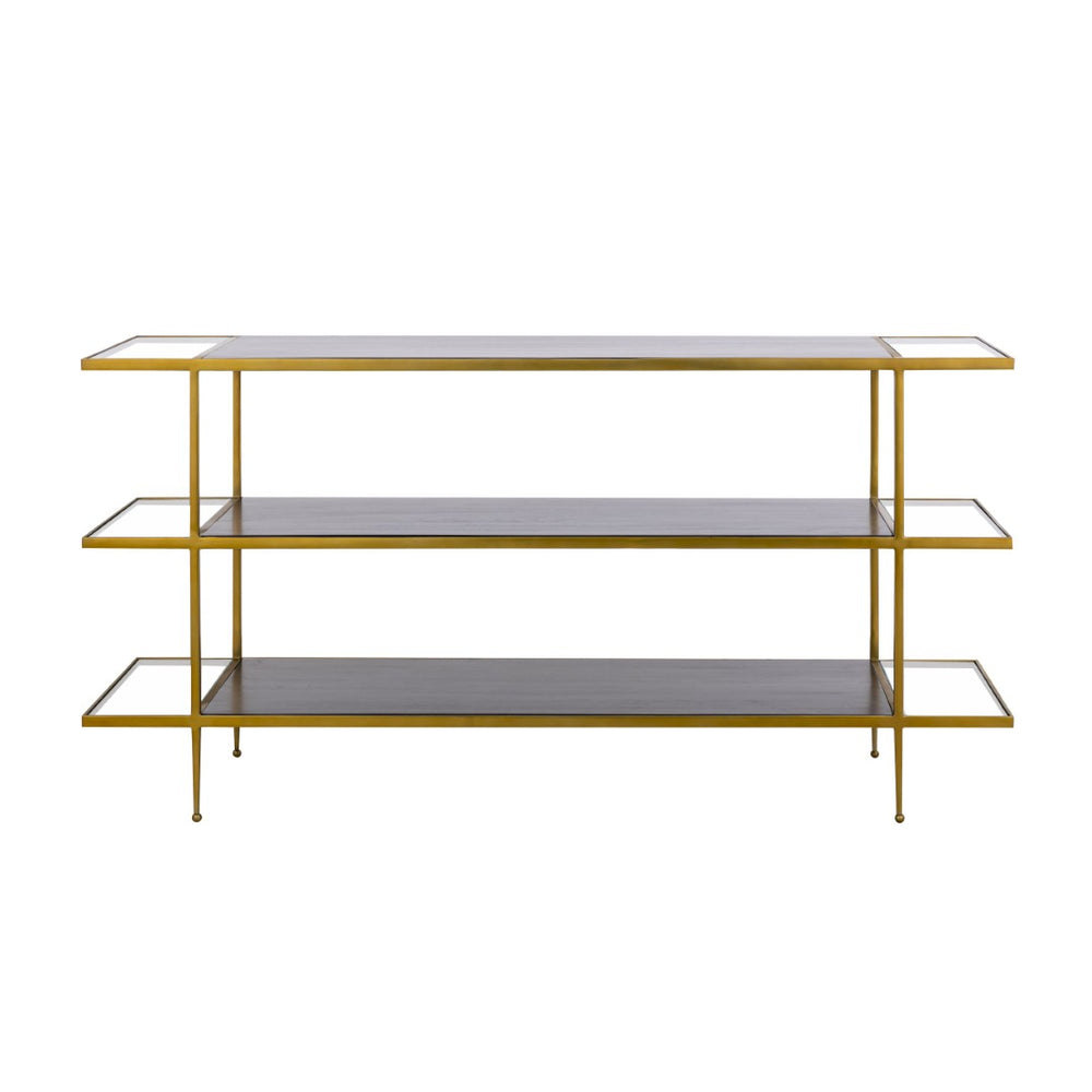 Atlas Carrick Console Table - Elegant Dark Mahogany with Glass Shelves & Brass Frame for Stylish Storage TA11036-01