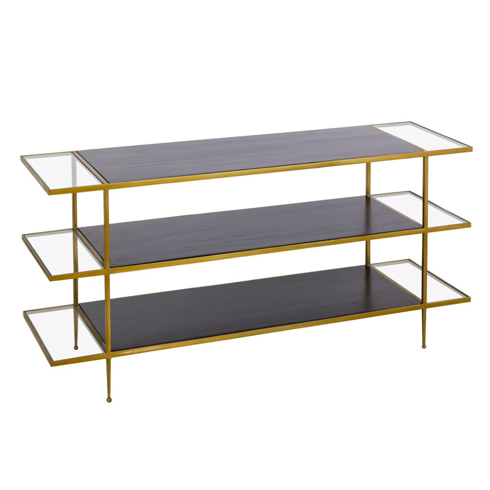 Atlas Carrick Console Table - Elegant Dark Mahogany with Glass Shelves & Brass Frame for Stylish Storage TA11036-01