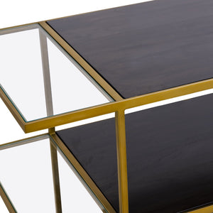 Atlas Carrick Console Table - Elegant Dark Mahogany with Glass Shelves & Brass Frame for Stylish Storage TA11036-01