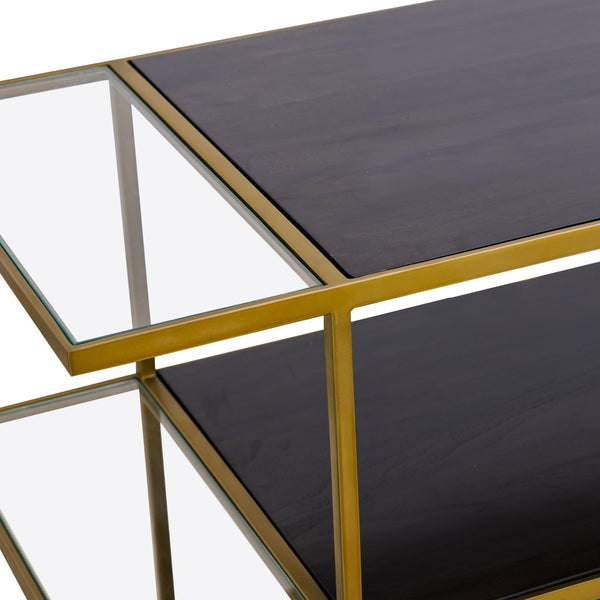 Atlas Carrick Console Table - Elegant Dark Mahogany with Glass Shelves & Brass Frame for Stylish Storage TA11036-01