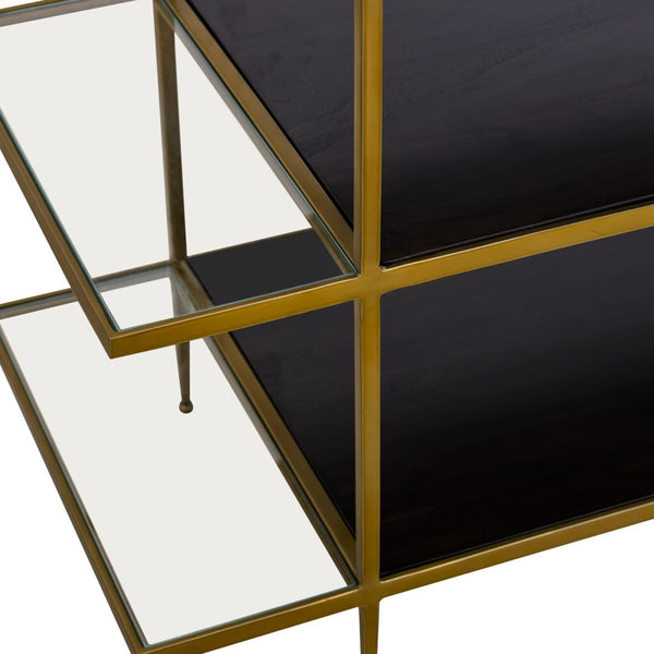 Atlas Carrick Console Table - Elegant Dark Mahogany with Glass Shelves & Brass Frame for Stylish Storage TA11036-01