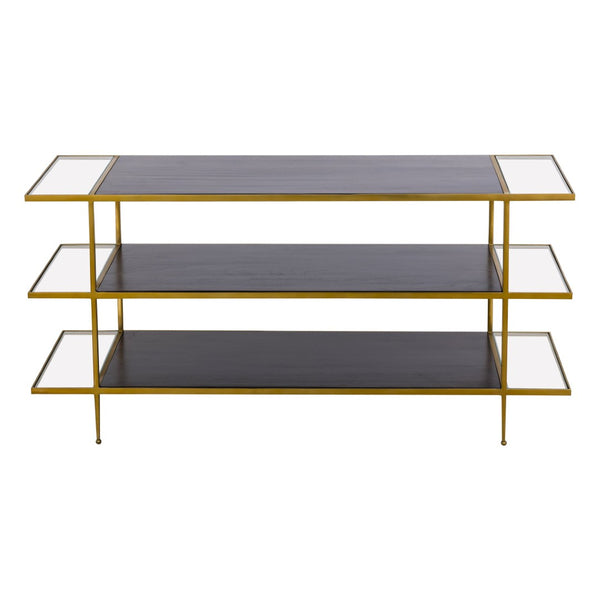 Atlas Carrick Console Table - Elegant Dark Mahogany with Glass Shelves & Brass Frame for Stylish Storage TA11036-01