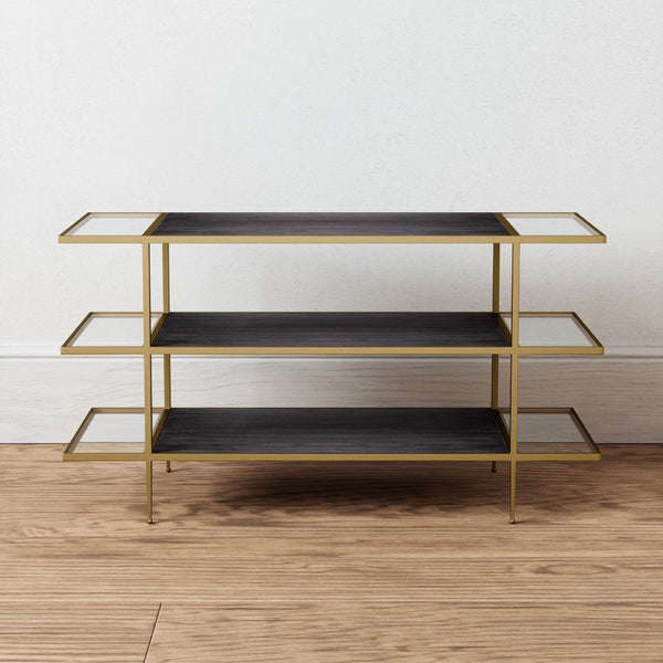 Atlas Carrick Console Table - Elegant Dark Mahogany with Glass Shelves & Brass Frame for Stylish Storage TA11036-01