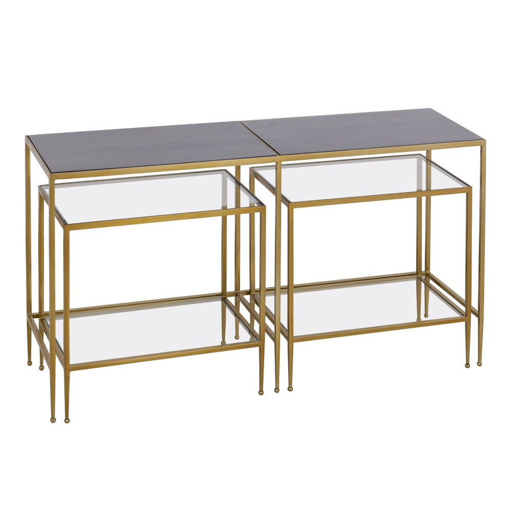 Atlas Carrick Nesting Console Table Set - Elegant Dark Mahogany with Glass Accents & Brass Frame Design TA11037-01S