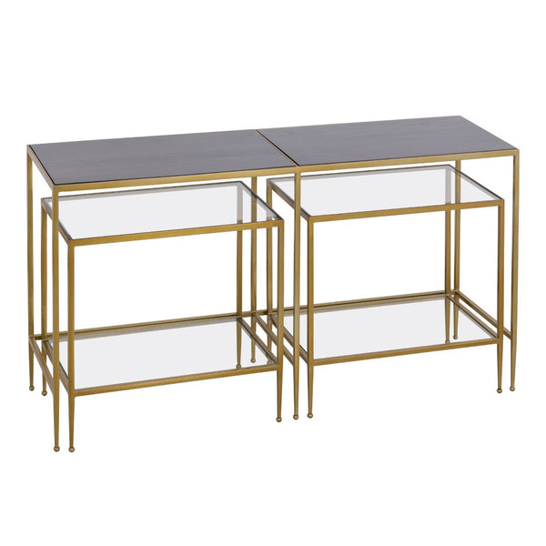 Atlas Carrick Nesting Console Table Set - Elegant Dark Mahogany with Glass Accents & Brass Frame Design TA11037-01S