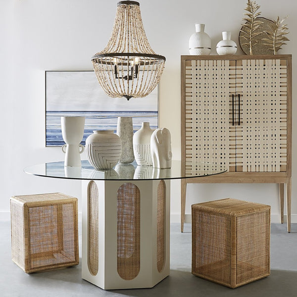 Atlas Clearwater Dining Table - Coastal-Inspired Shoji White Design with Glass Top & Rattan Accents TA11046-01