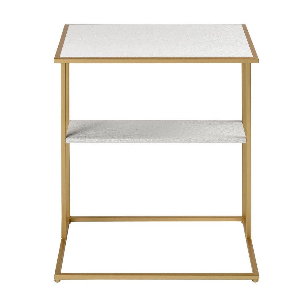 Atlas Fawley Accent Table - Chic Gold Iron Frame with White Faux Leather Top & Stylish Lower Shelf Storage TA11075-01