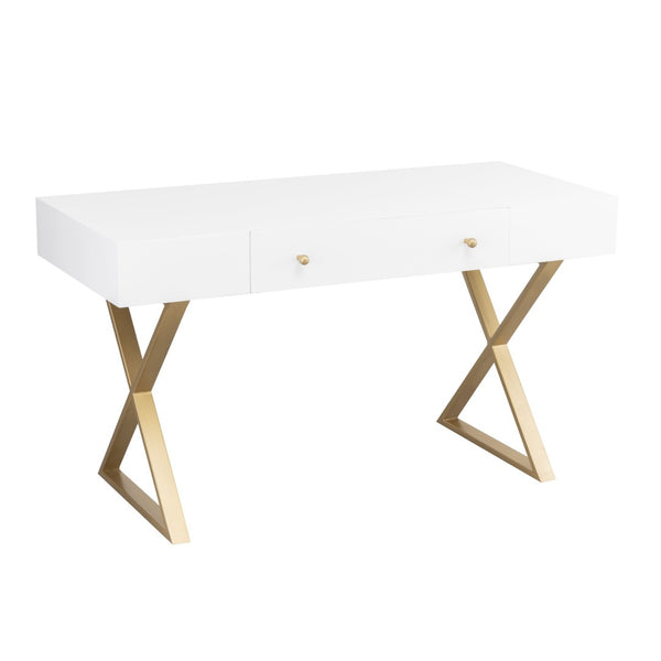Atlas Guilford Desk - Versatile Acacia Wood Workspace with Brass Tone Base for Home Offices & Living Rooms White TA11086-01