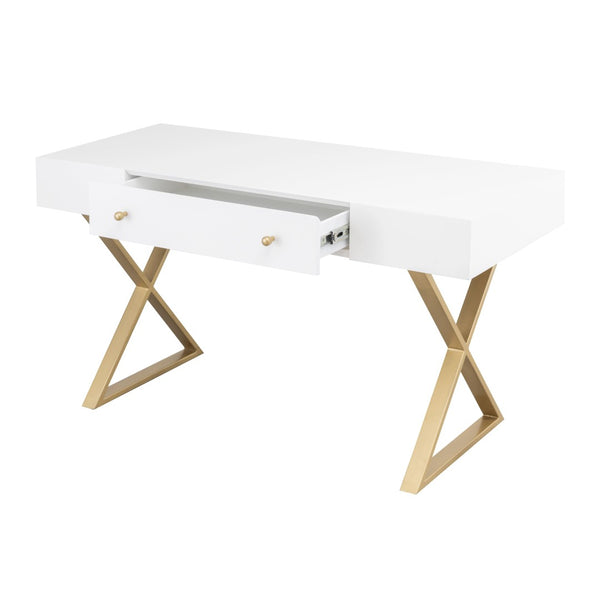 Atlas Guilford Desk - Versatile Acacia Wood Workspace with Brass Tone Base for Home Offices & Living Rooms White TA11086-01
