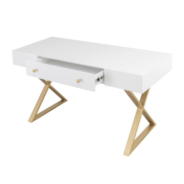 Atlas Guilford Desk - Versatile Acacia Wood Workspace with Brass Tone Base for Home Offices & Living Rooms White TA11086-01